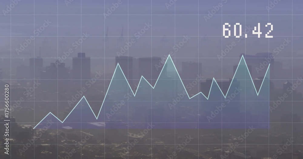 Wall mural Displaying light-blue line chart overlay on grid over hazy city skyline with numeric label 60