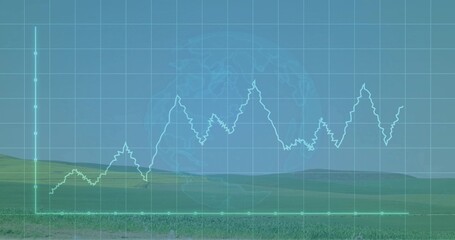 Obraz premium Displaying data overlay over grassland hills, using clear grid with axes line graph globe outline