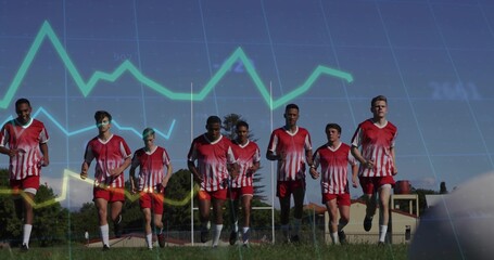 Running soccer players wearing red jerseys sprinting on suburban field with ball and chart overlay