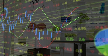 Presenting white lab coat on mannequin with stethoscope in clinic, overlaying market charts