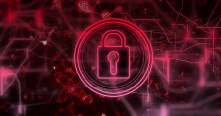 Displaying neon pink padlock icon glowing in circle outline on dark red network with circuit nodes