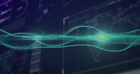 Displaying glowing green waveform undulating on digital dashboard, with HUD panels and map outlines
