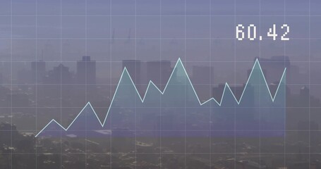 Naklejka premium Displaying light-blue line chart overlay on grid over hazy city skyline with numeric label 60