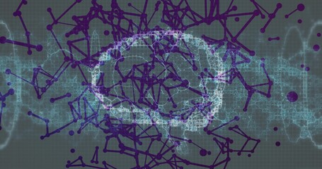 Presenting brain network forming by pixel blocks in gray grid, with purple nodes and cyan waveforms