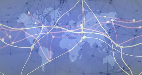 Showing translucent world map outline on GUI grid, highlighting glowing nodes forming curving lines