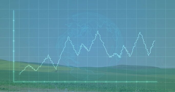 Fototapeta Displaying data overlay over grassland hills, using clear grid with axes line graph globe outline