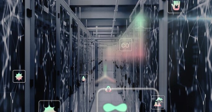 Extending data center aisle lined with server racks under cable trays, with floating icons - Powered by Adobe