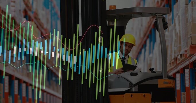 Forklift operator wearing helmet and vest analyzing tablet overlays at warehouse racks, copy space