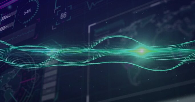 Displaying glowing green waveform undulating on digital dashboard, with HUD panels and map outlines