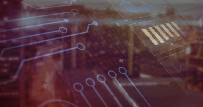 Displaying translucent digital circuit overlay floating over blurred city with grid and bar chart - Powered by Adobe