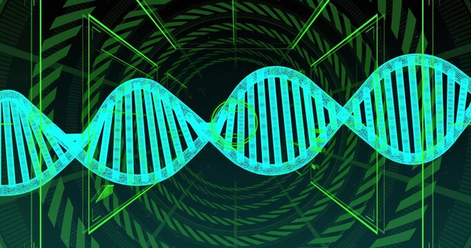 Displaying neon teal 3D DNA double helix in abstract digital interface, with geometric frames - Powered by Adobe
