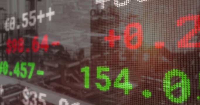 Displaying transparent stock market ticker numbers over blurred urban skyline, with pixel grid