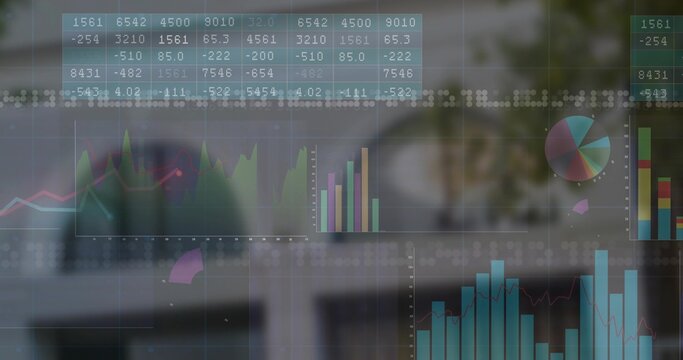 Displaying transparent financial charts overlaying office, with data tables, charts, axis and grids