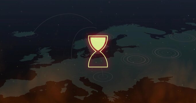 Displaying hourglass icon marking countdown over Europe map, with data arcs and target markers