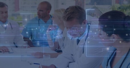 Reviewing paper, team analyzing holographic network in hospital meeting room, with stethoscopes