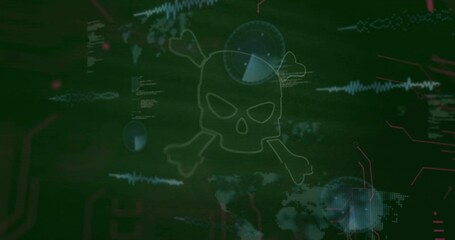 Displaying skull and crossbones icon over cybersecurity screen with world map, code, red circuits