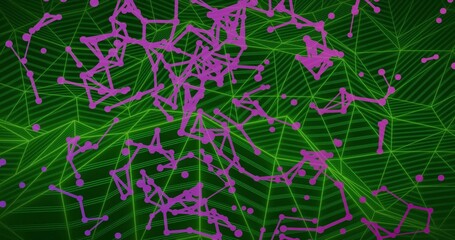 Displaying purple nodes with connecting lines over green wireframe mesh grid in digital environment © vectorfusionart
