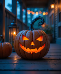 Fototapeta premium Halloween Porch Scene with Festive Warm Orange Pumpkin Jack-O'-Lantern