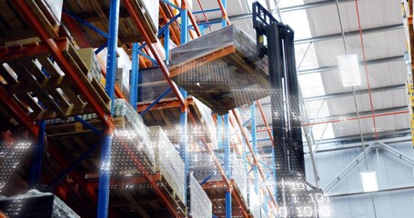 Raising forklift mast and forks lifting wrapped pallet inside warehouse, racks and digital overlay