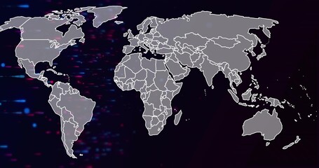 Displaying map with gray continents and white borders on dark screen, with red and blue particles