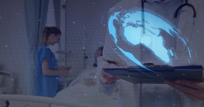 Naklejki Doctor wearing stethoscope using tablet projecting Earth hologram in hospital, copy space