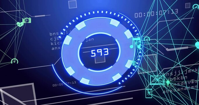 Displaying circular HUD gauge glowing on blue digital interface, featuring 593 readout, arcs, icons