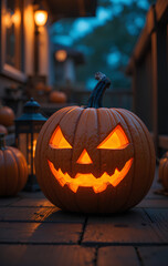 Obraz premium Halloween Pumpkin Jack-O'-Lantern on Porch with Warm Orange Candlelight