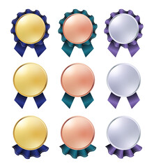 イエローゴールド・ピンクゴールド・プラチナの3色で構成されたフリルリボン付きメダルデザインセット｜高級感のある表彰・ランキング・記念バッジに使えるベクター素材