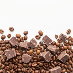 Roasted coffee beans and milk chocolate chunks on a white background with copy space.