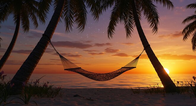 Tropical sunset beach hammock - Powered by Adobe
