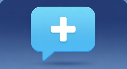 Obraz premium Add icon in blue speech bubble with white plus sign, representing new message, notification, or positive feedback on blue background