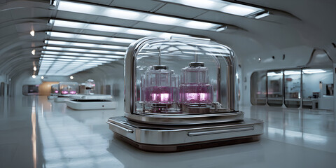 Futuristic laboratory sterile white sci fi glass dome reactor glowing pink sleek equipment hums in quiet calm