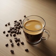 Espresso Coffee in Glass Cup with Roasted Coffee Beans on Wooden Table.