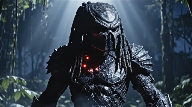 Cinematic 3D Yautja alien hunter predator standing in a dark jungle with glowing red armor lights