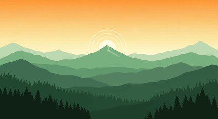 Obraz premium Minimalist Vector Landscape with Layered Mountain Ranges and Sunrise in Warm Gradient Colors