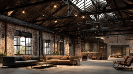 Loft apartment with exposed brick, wood beams, and large windows. Use for industrial design, interior decorating, architecture concepts.