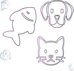 Outlined Animal Faces Fish Dog and Cat Illustrations