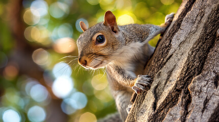 Obraz premium Esquilo Subindo no Tronco de uma Árvore com Fundo Bokeh