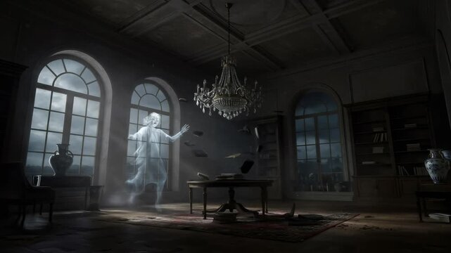 A ghostly woman materializing by a haunted mansion window, using phantom magic to levitate books in a dark library, horror animation.