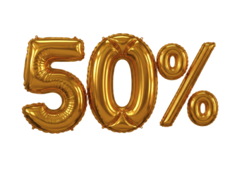 Golden 50 Percent Balloons Representing Discount Sale and Special Offer Isolated on Transparent Background
