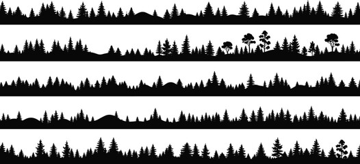Obraz premium Forest landscape silhouettes, black tree horizon graphics, layered woodland scenes, vector nature backgrounds, abstract outdoor illustration set, scenic pine forest design pack