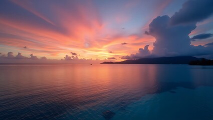 Obraz premium Vibrant Sunset over Calm Ocean and Distant Island