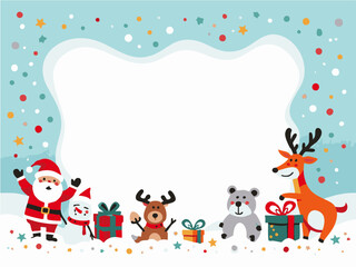 Fototapeta premium A playful Christmas card with a snowy blue background, festive frame, and cheerful cartoon characters celebrating the holidays.