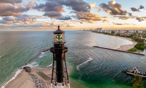 aerial drone view of a Lighthouse on beach - Hillsboro inlet, florida