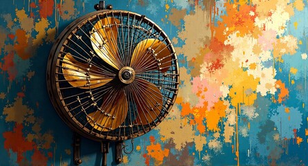 Fototapeta premium An antique metallic fan with golden blades mounted on a vibrant, textured wall featuring abstract, colorful paint splatters.