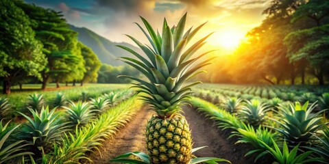 A single ripe pineapple stands proudly in a vibrant sunlit plantation, surrounded by rows of thriving, lush green pineapple plants, bathed in the warm glow of a picturesque sunset.