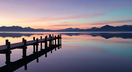 Fototapeta premium Tranquil scene of a wooden dock on a mirror-like lake reflecting the colorful twilight sky and distant mountain range