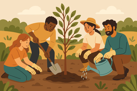 Diverse group of people planting tree together in green field  