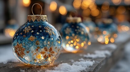 Elegant Christmas ornaments with gold details on a snowy surface with beautiful bokeh