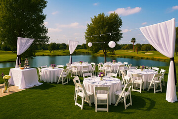 Elegant Outdoor Wedding Reception Overlooking a Serene Lake and Golf Course